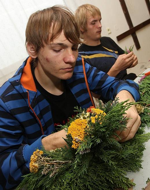 Zatímco žáci 1. ročníku učiliště vyrábějí chvojové podklady, finální výzdobu věnců už mají na starosti druháci Střední odborné školy technické a zahradnické.