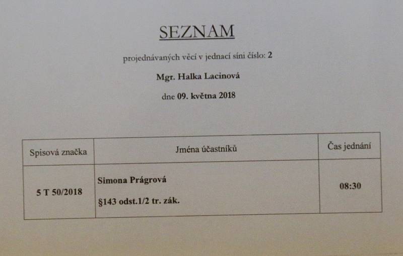 Soudní proces se Simonou Prágrovou, která v září 2017 způsobila tragickou nehodu u Zimoře u Úštěku. Zemřeli při ní tři mladí lidé.