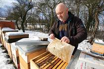 Včelař Aleš Pelikán z Třebívlic pečuje o včely i v zimě. Sbírá z jednotlivých úlů mněl, který musí povinně každý včelař odevzdat pro laboratorní rozbor