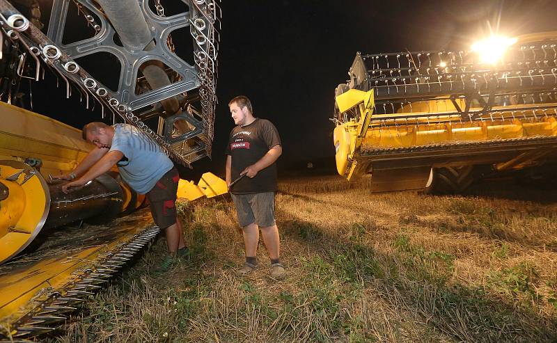 Zemědělci z Klapého na Lovosicku finišují se sklizní obilí. To sekají i v noci, dokud to vlhkost zrna dovolí.