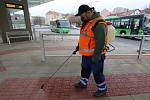 Technické služby dezinfikují chodníky a zábradlí na autobusovém nádraží v Litoměřicích