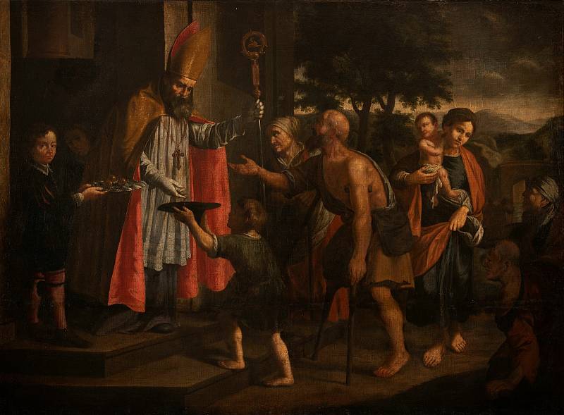 Dílo Jana Jiřího Heinsche Svatý Mikuláš uděluje almužny, rok 1685. Plátno pochází ze sbírek galerie.