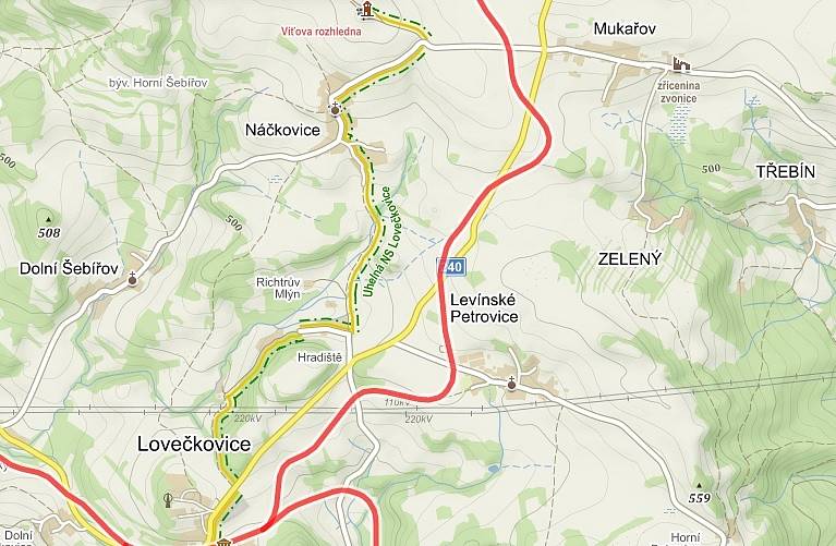 Mapa zaniklé trati. Část z Velkého Března do Úštěka patří Zubrnické muzeální železnici. Úsek z Lovečkovic do Mukařova na někdejší větvi z Lovečkovic do Verneřic patří Trammuzeu.