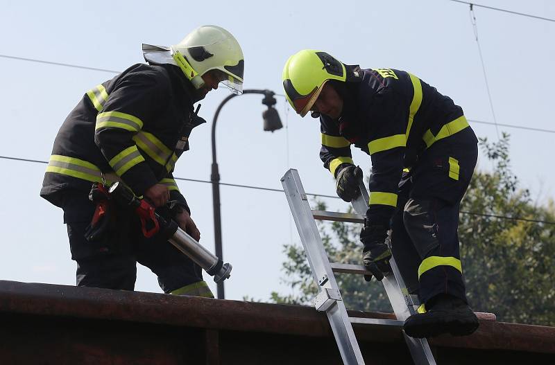 Požár několika vagonů s naloženým dřevem likvidovali hasiči v sobotu odpoledne na nádraží Hněvice na Litoměřicku.