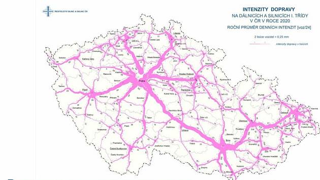 Intenzita dopravy na dálnicích a silnicích I. tříd v České republice v roce 2020.