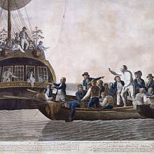 Vzbouřenci vysazují kapitána lodi a část posádky do člunu, ilustrace z roku 1790