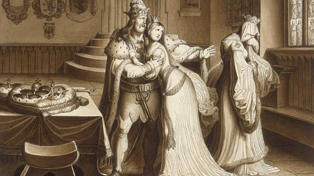 Přemysl Otakar II. zapudil manželku Markétu a oženil se s Kunhutou Haličskou - kresba Karl Russ, cca 1830