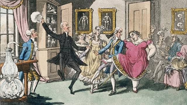 Akvatinta s vyobrazením smíchu na plynovém večírku v 19. století, autor Thomas Rowlandson.