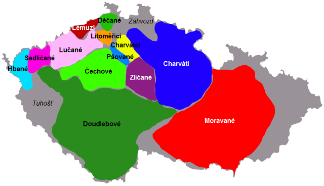 Území Čech v 9. století, území Českého knížectví světle zeleně