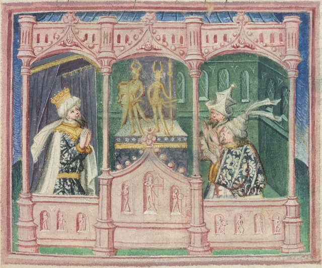 Ragnar Lodbrok se syny Ivarem a Ubbou, miniatura z 15. století.
