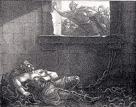 Umělecký otisk popravy Ragnara Lodbroka Ællou z Northumbrie z 19. století.