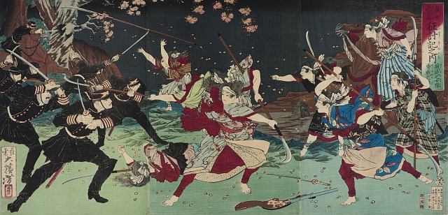 Ženy bojující s císařskou armádou během podmanění Kagošimy v Sašú (Satsuma), autor Jošitoši, 1877.