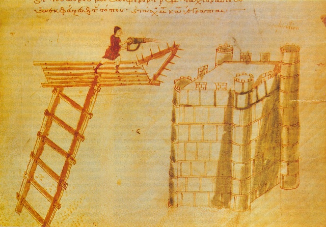 Použití přenosného plamenometu, používaného z vrcholu létajícího mostu proti hradu. Byzantská říše.