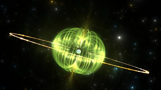 Magnetar, rotující a hypermagnetizovaná hvězda.