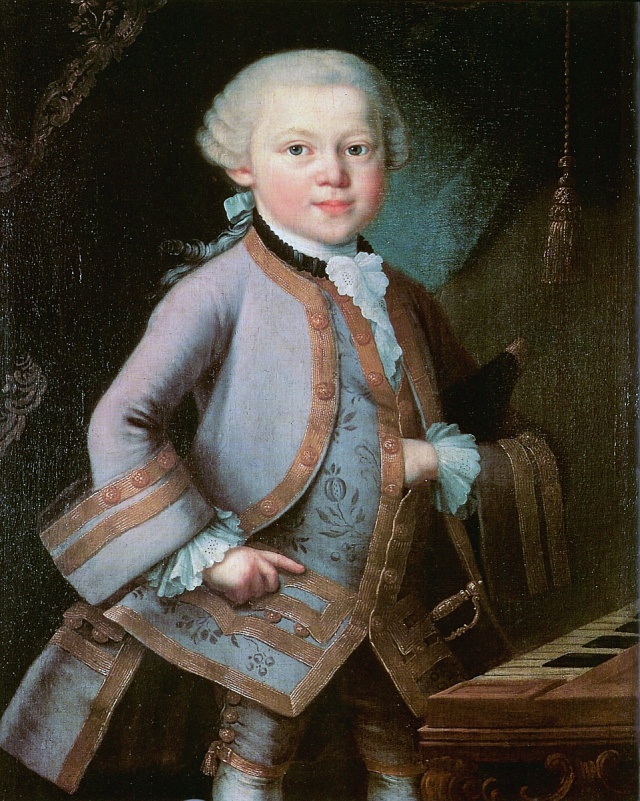 Malba je přisuzována zřejmě Leopoldu Mozartovi, Mozart je zde šest let starý.