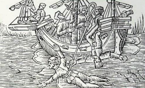 Dřevoryt zobrazující kýlovou plavbu z tudorovského období (1485-1603)