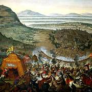 Obraz zachycující osmanské ležení před Vídní v roce 1683. V popředí polská armáda krále Jana III. Sobieského.