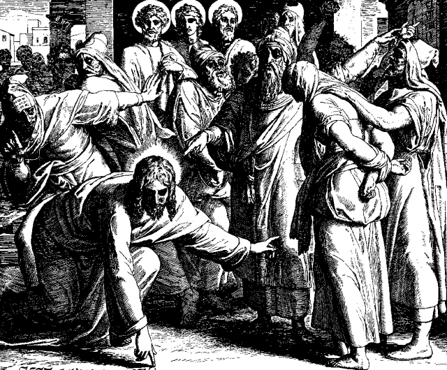 Ježíš a žena cizoložnice, 1860. Ježíš tehdy řekl: Vy, kdož jste bez hříchu, hoďte kamenem.