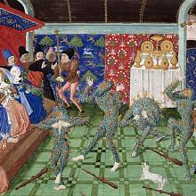 Bál světlušek - Bal des Ardents, miniatura z let 1450–80, na které jsou vidět ohnivé kostýmy tanečníků