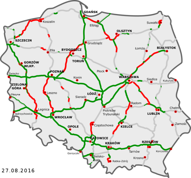 Mapa z letošního srpna ukazuje již hotové polské dálnice a rychlostní silnice (zelené), rozestavěné (červené) a chystané (šedé)