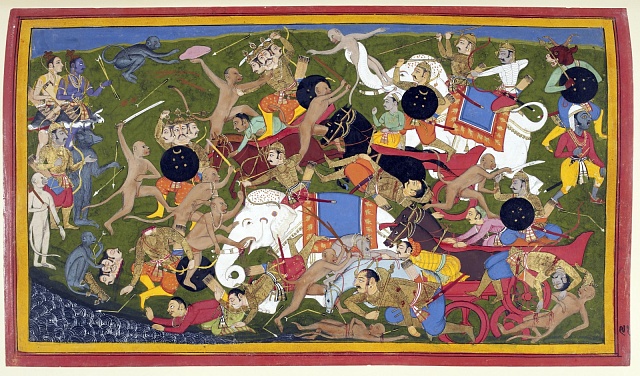 Vyobrazení mytologické války o Lanku ze staroindického eposu Rámájana ze 17. století, na němž jsou zobrazeni váleční sloni.