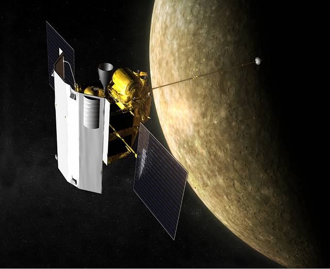 Umělecká představa příletu sondy Messenger k Merkuru.