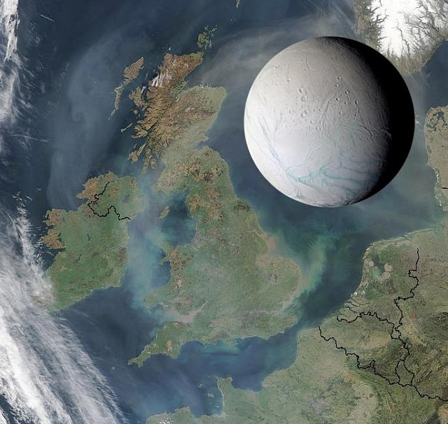 Srovnání velikosti Enceladus proti Britským ostrovům.