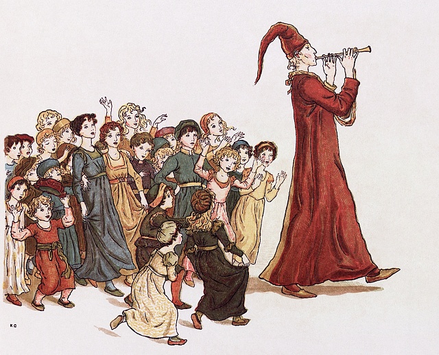 Krysař vede děti z Hamelinu. Ilustrace Kate Greenawayové pro „Krysař z Hamelinu“ Roberta Browninga