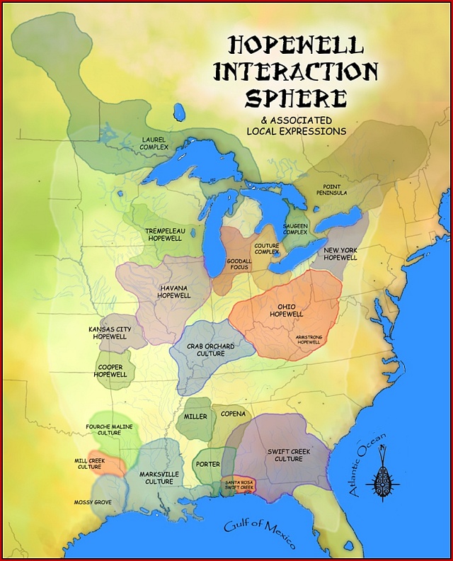 Mapa zobrazující interakční sféru Hopewell a různé místní projevy kultur Hopewell