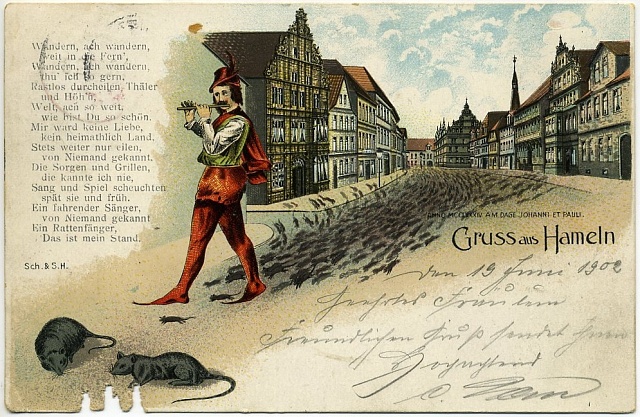 Pohlednice „Pozdrav z Hamelnu“ s ukázkou Pied Piper z Hamelinu, 1902