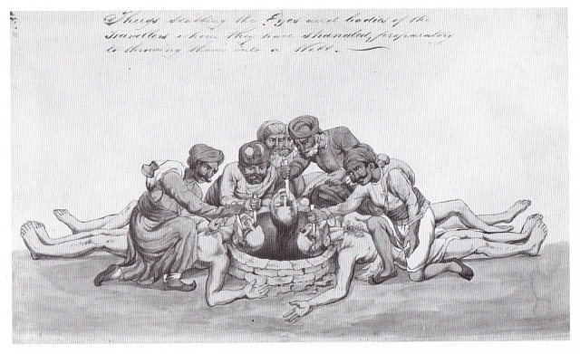 Skica téhož autora zachycující skupinu banditů, kteří probodávají oči zavražděným pocestným a pak jejich těla házejí do studny.