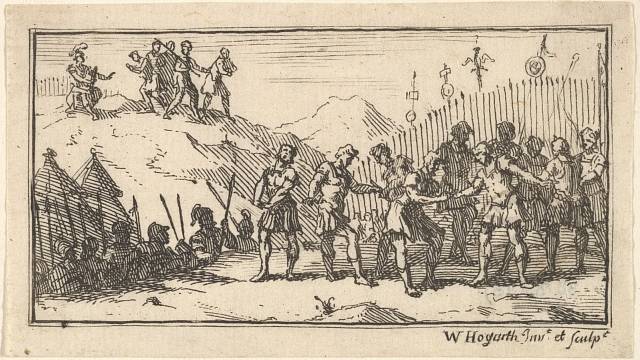 Decimování. Lept od Williama Hogartha v Beaverových římských vojenských trestech (1725)