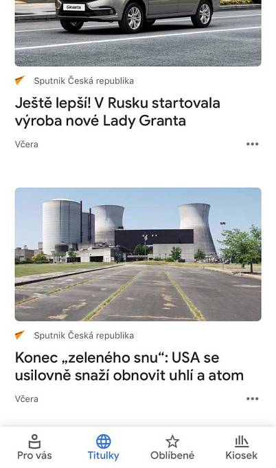 V mobilní aplikaci Google News se na čelních místech v Česku velmi často objevuje prokremelský Sputnik