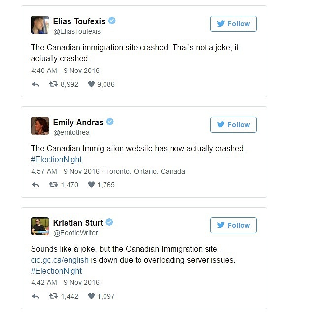 Uživatelé na Twitteru upozorňují na nefungující stránky kanadského imigračního úřadu. V době, kdy se Trump dostal do vedení ve volbách. 