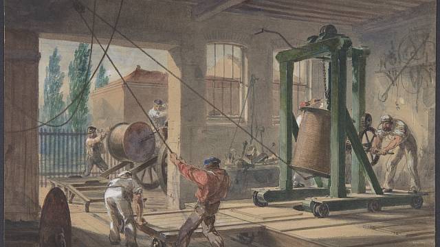 Výroba kabelů pomocí gutaperči ve společnosti Telegraph Construction and Maintenance Company v Greenwichi, Londýn, asi 1865.