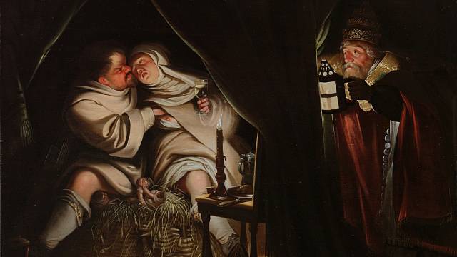 Satira na celibát. Mnich a jeptiška se milují na slaměném koši ve stanu při světle svíčky. Papež špehuje pár s lucernou. Manželé si hoví na hnízdě s vejci, z něhož vylézají mniši; pod židlí sedí kočka s mitrou na hlavě.