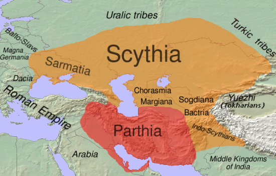 Rozsah území kolem roku 170 př. n. l., které obývali íránští Skythové a Parthové, jimž lze ve starověku připsat první zaznamenané použití skutečného katafraktu-jako kavalérie.