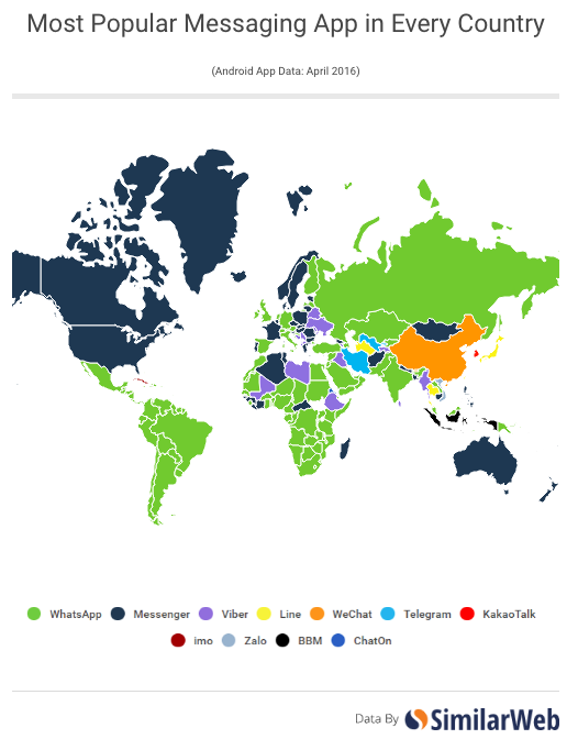 Nejpopulárnější instant messagingové aplikace v jednotlivých zemích. Podle instalací na telefonech s Androidem v dubnu 2016 ve 187 zemích světa.