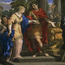Caesar navrací moc Kleopatře. Její sestra Arsinoé (vpravo) závistivě přihlíží.