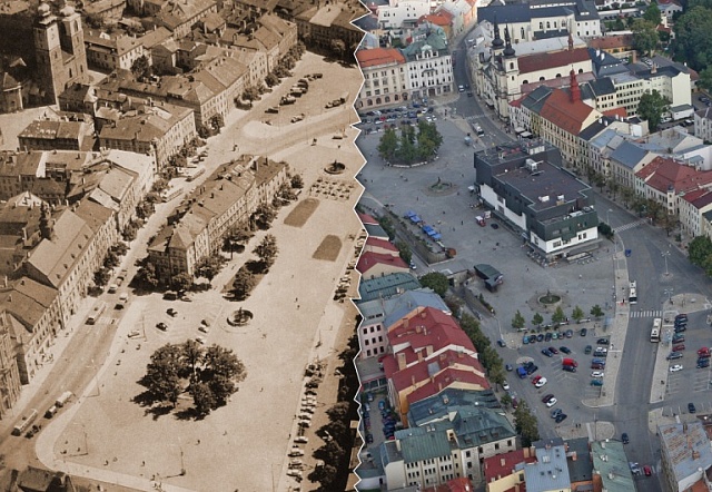 Náměstí v Jihlavě s historickým Špalíčkem a normalizačním Priorem.
