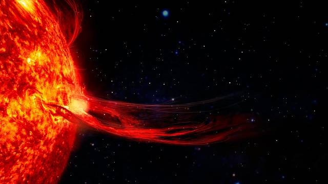 Sluneční protuberance, sluneční erupce a magnetické bouře. Záblesk plazmatu na povrchu hvězdy. Prvky tohoto snímku poskytla NASA.
