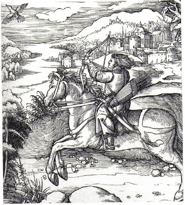 Lov létajících ptáků ze hřbetu koně byl považován za nejvyšší kategorii lukostřelby. Oblíbený koníček prince Maxmiliána, vyrytý Dürerem