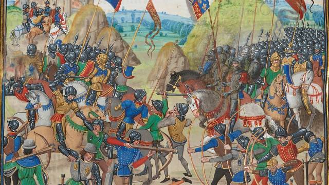 Kolorovaná iluminace bitvy u Kresčaku z manuskriptu Kronik Francie, Flander, Anglie, Skotska a Španělska Jeana Froissarta