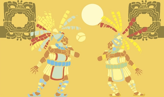Dva mayští hráči míče na hřišti navrženém podle mezoamerické keramiky a chrámových obrazů.