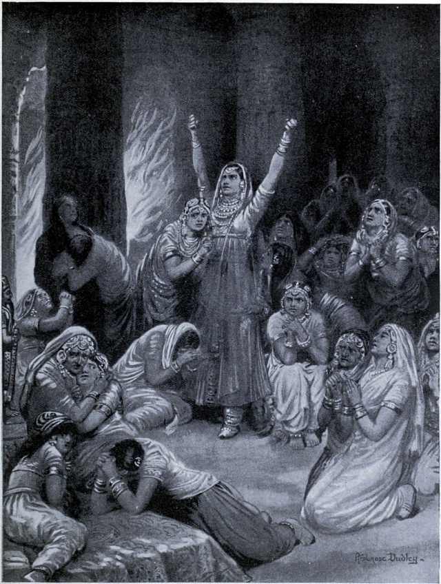 Rádžpútský obřad Jauhar, 1567, jak jej vylíčil Ambrose Dudley v Hutchinsonově Historii národů, cca 1910.