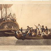 Vysazení kapitána Blighe a 18 členů posádky do člunu na otevřené moře. Muž stojící nejvýš na palubě lodi je zřejmě vůdce vzpoury Fletcher Christian