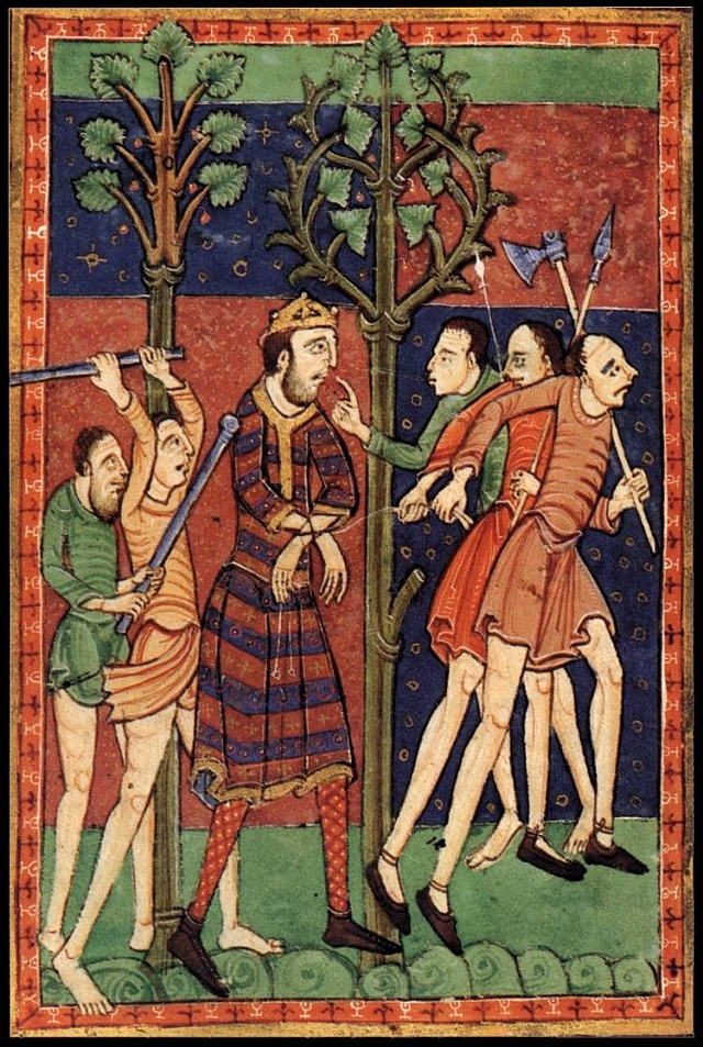 Vyobrazení Edmundova umučení z 12. století (Morgan Library & Museum, New York)