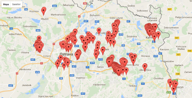 Plánek Ostravska ukazující, kde se nacházejí domy v majetku firmy RPG byty.