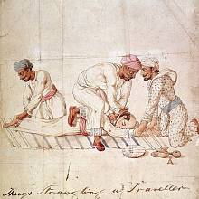 Akvarel (1837) neznámého autora, na němž tři bandité škrtí pocestného; jeden mu drží nohy, druhý ruce a třetí mu utahuje škrtidlo kolem krku.