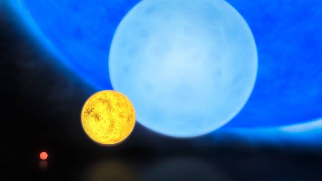 Srovnání velikosti hvězd různého typu: zleva červený trpaslík, naše Slunce, obyčejný modrý obr a R136a1